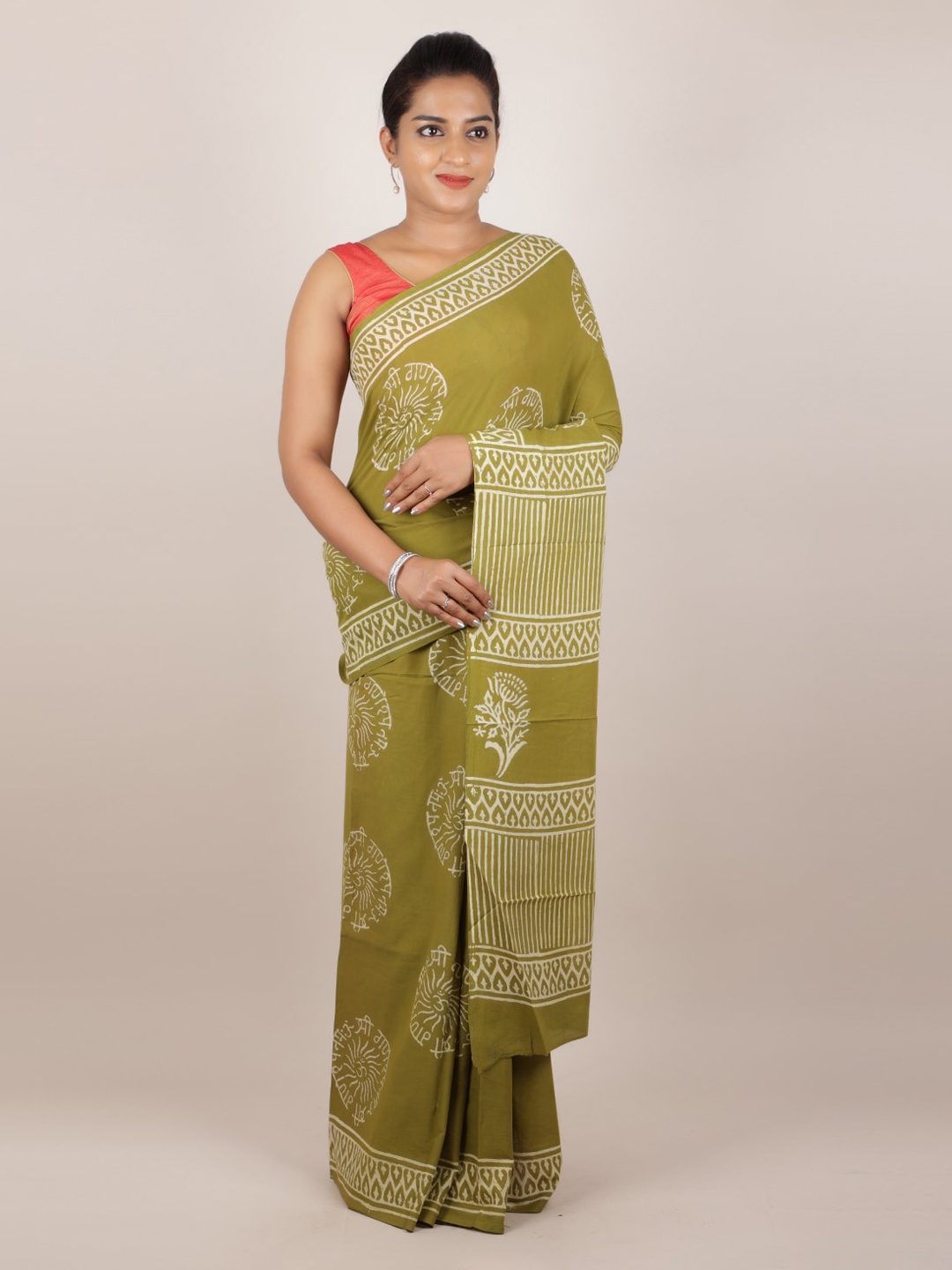 

Pothys Olive Green Printed Cotton Blend Saree