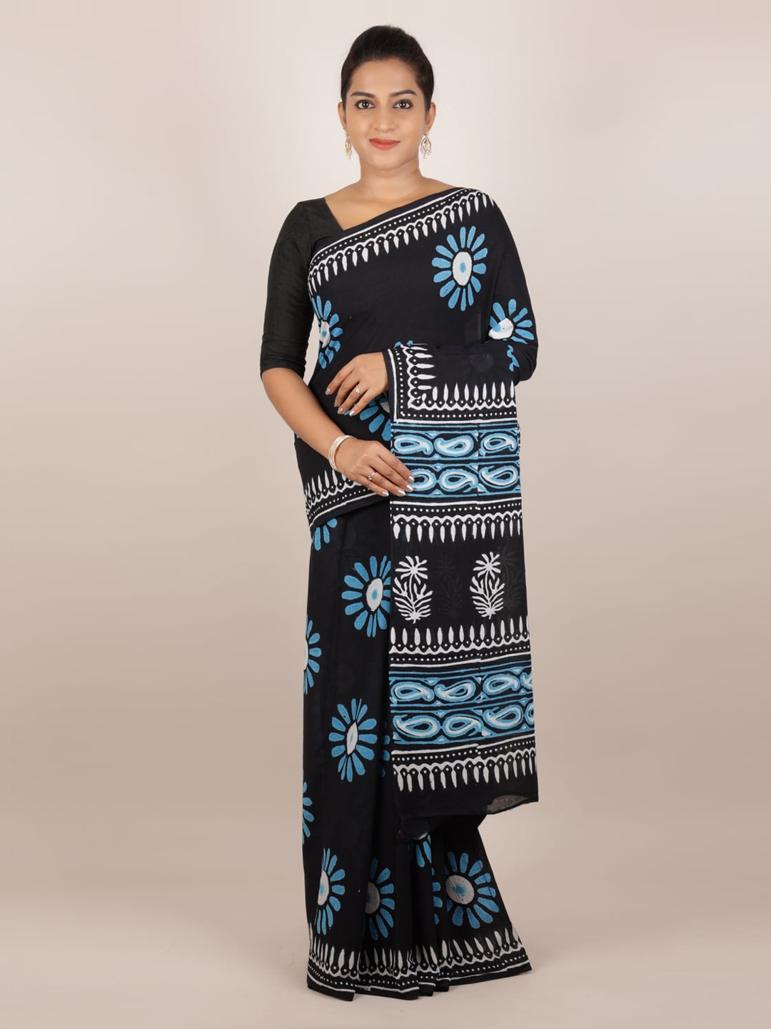 Pothys Black & Blue Cotton Blend Printed Saree