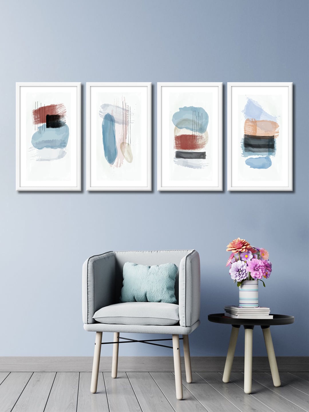 

999Store Set Of 4 White & Blue Abstract Canvas Framed Wall Paintings
