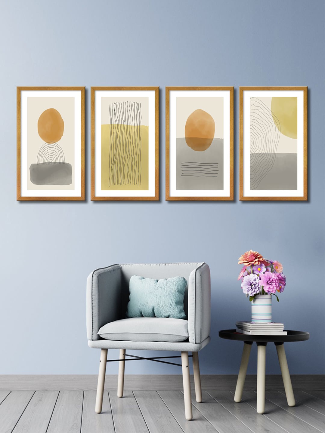 

999Store Set Of 4 Grey & Yellow Abstract Canvas Framed Wall Paintings
