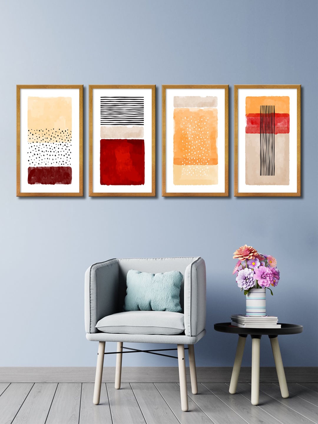 

999Store Set Of 4 Red & Black Abstract Canvas Framed Wall Art
