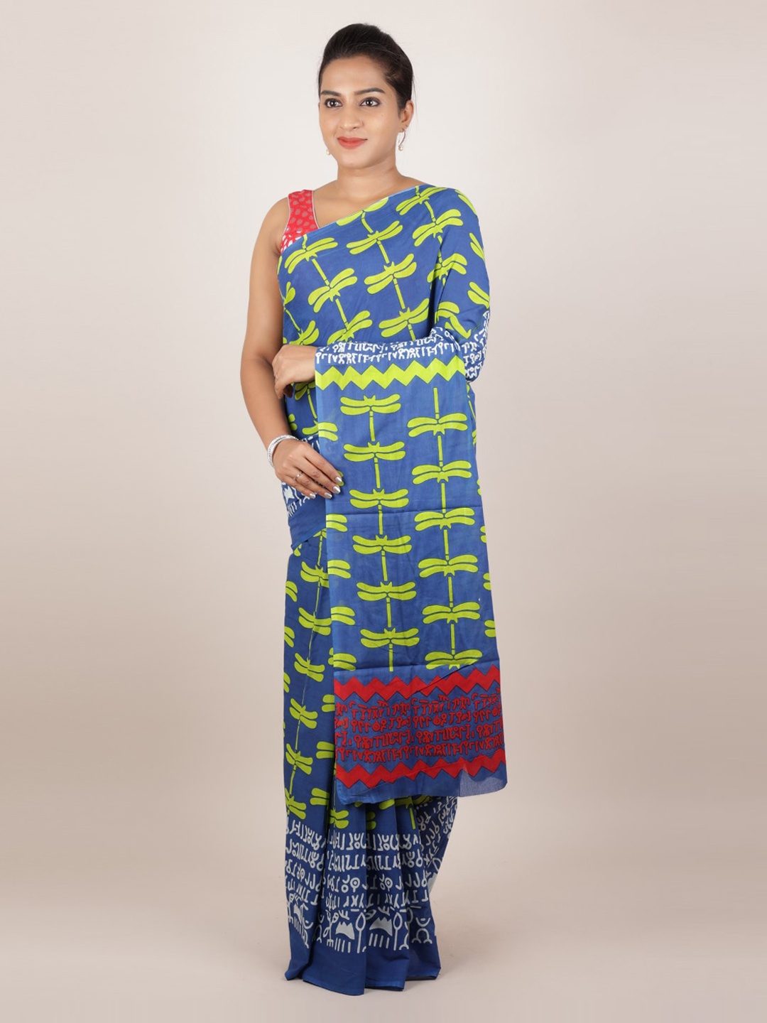 

Pothys Blue & Lime Green Cotton Blend Printed Saree
