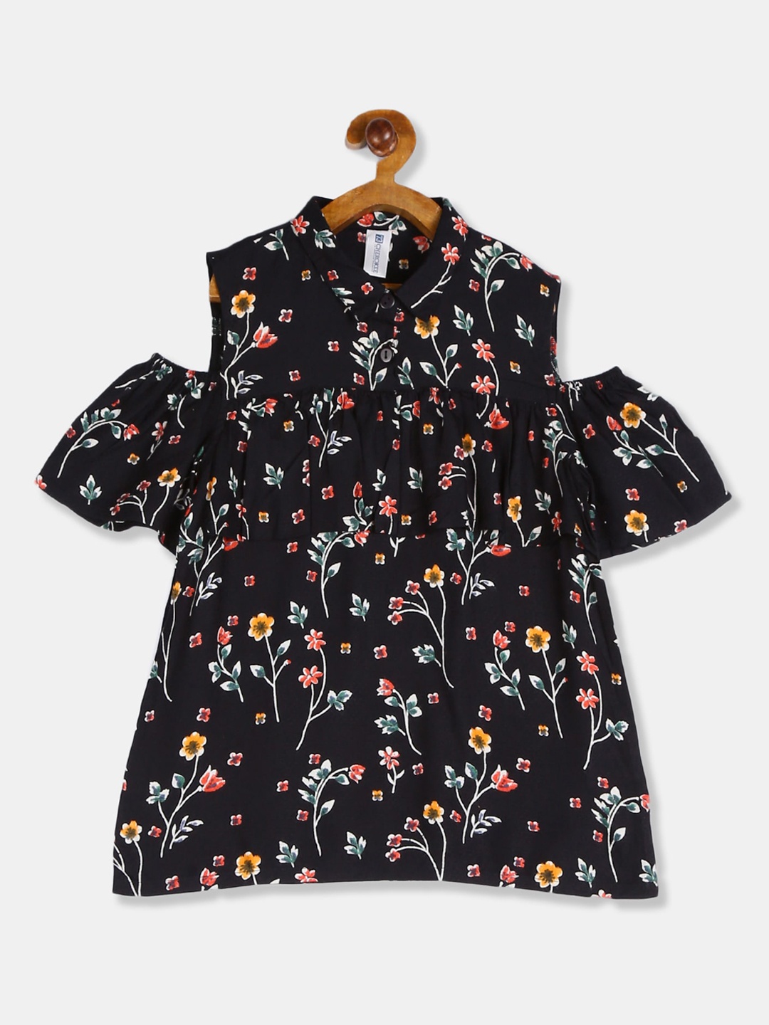 

Cherokee Black Floral Printed Mandarin Collar A-line Top