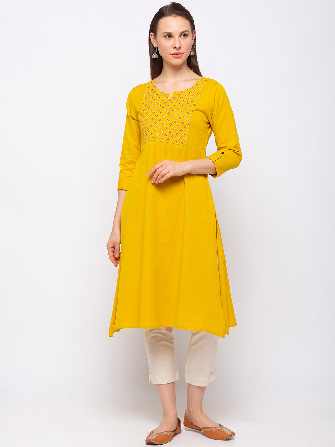 

Ethnicity women mustard yoke design thread work kurta