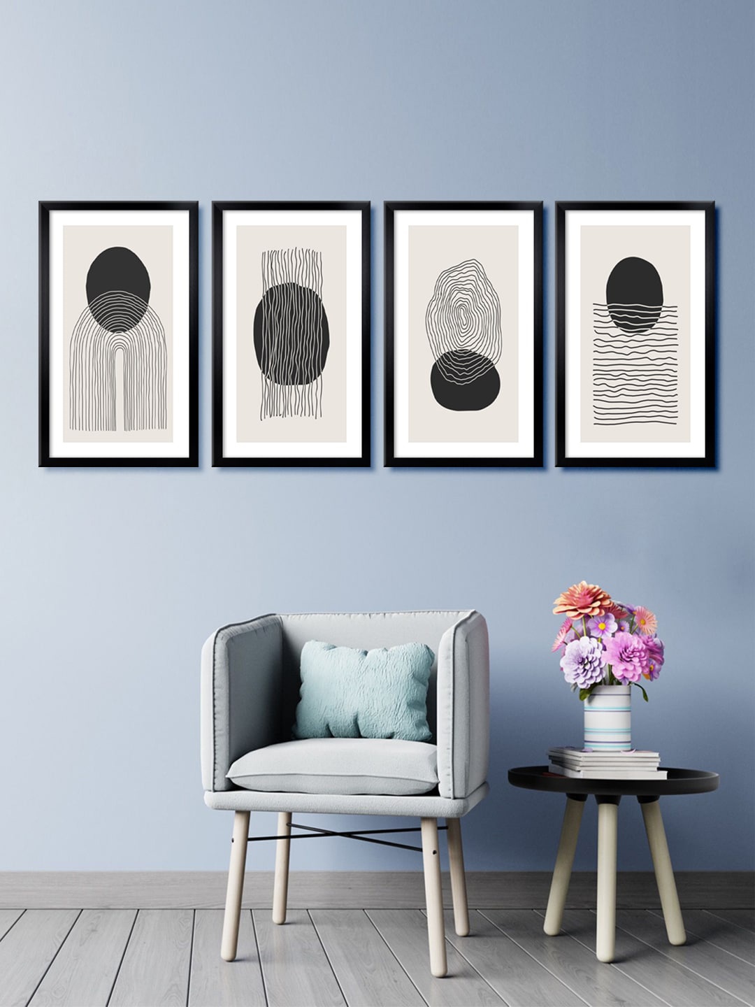 

999Store Set Of 4 Cream-Coloured & Black Abstract Lines Canvas Framed Wall Paintings