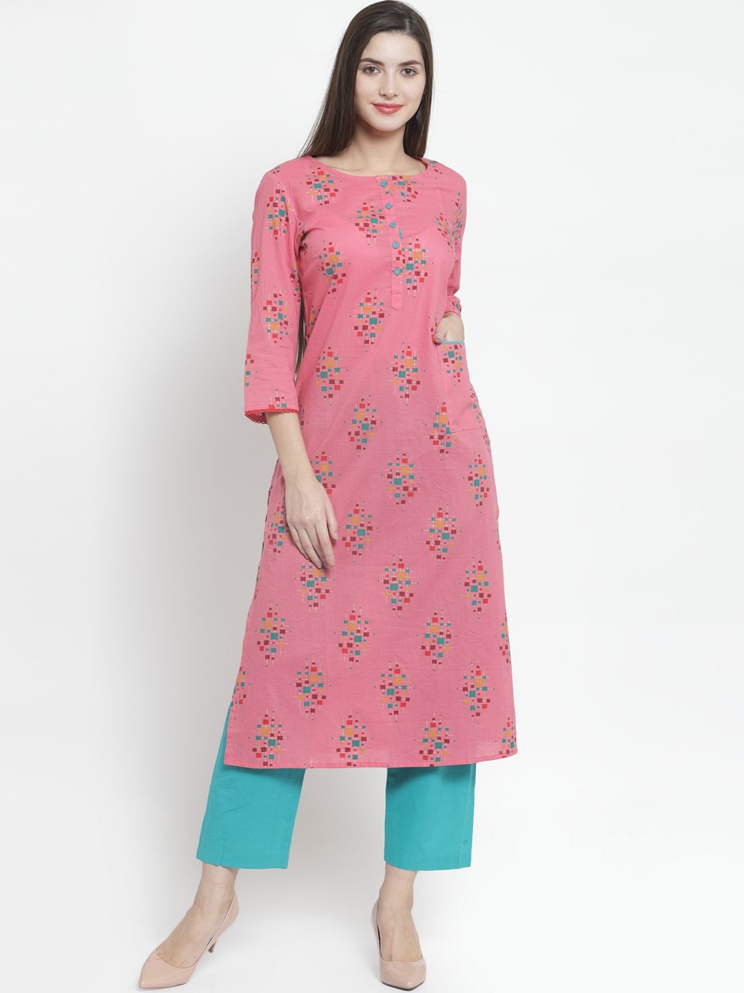 

The Kurta Express Women Pink Geometric Printed Kurta
