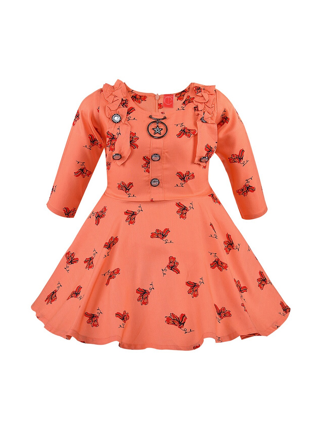 

Wish Karo Girls Orange Printed Fit and Flare Dress