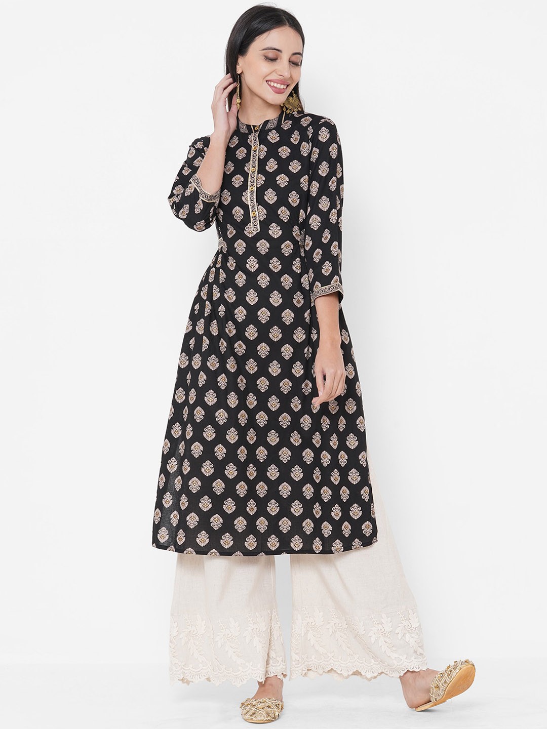 

Fashor Women Black & Beige Ethnic Motifs Printed Mandarin Collar Kurta