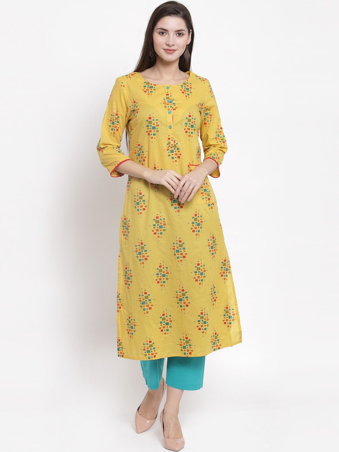

The Kurta Express Women Yellow Floral Printed Kurta