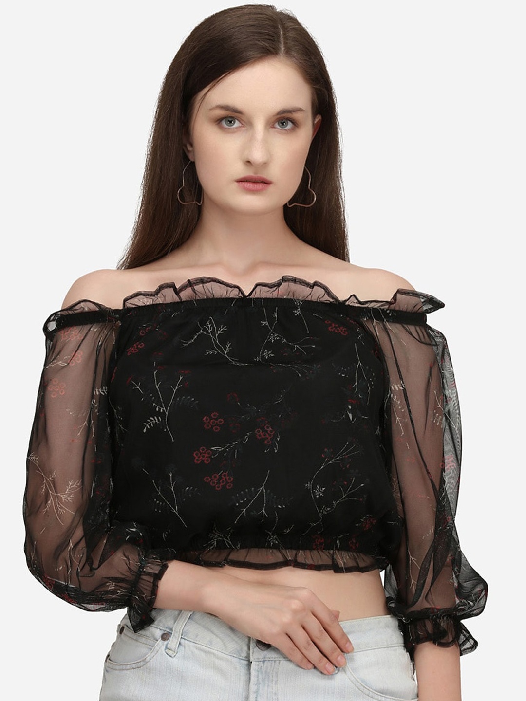 

Fbella black off-shoulder bishop sleeves net bardot crop top