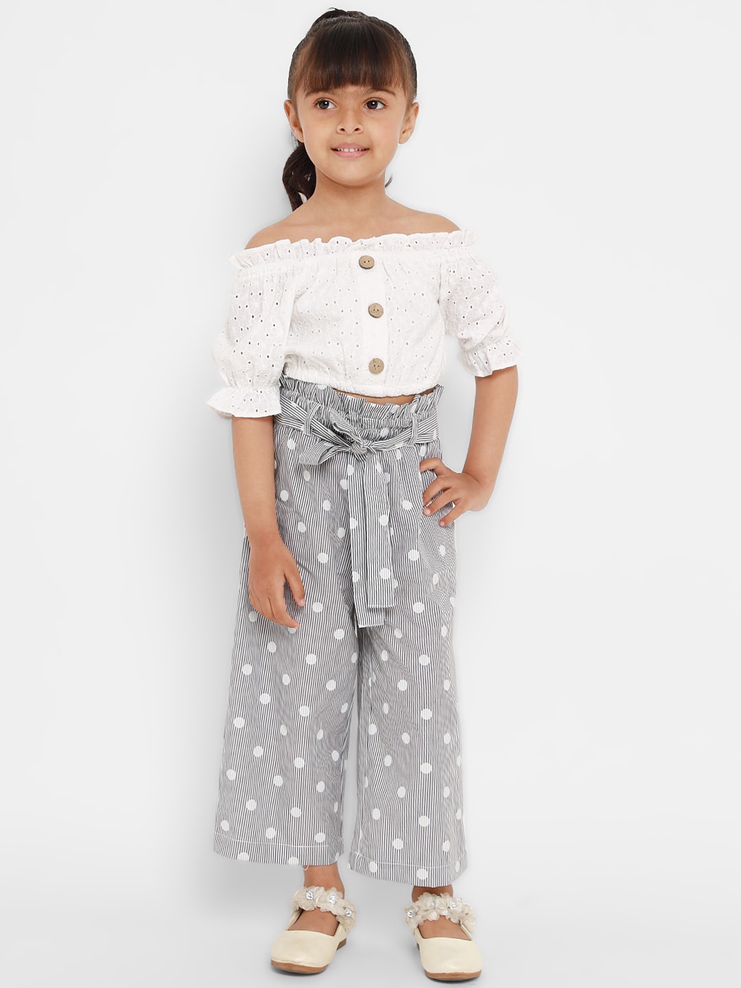 

Nauti Nati Girls White & Black Self Design Top with Palazzos