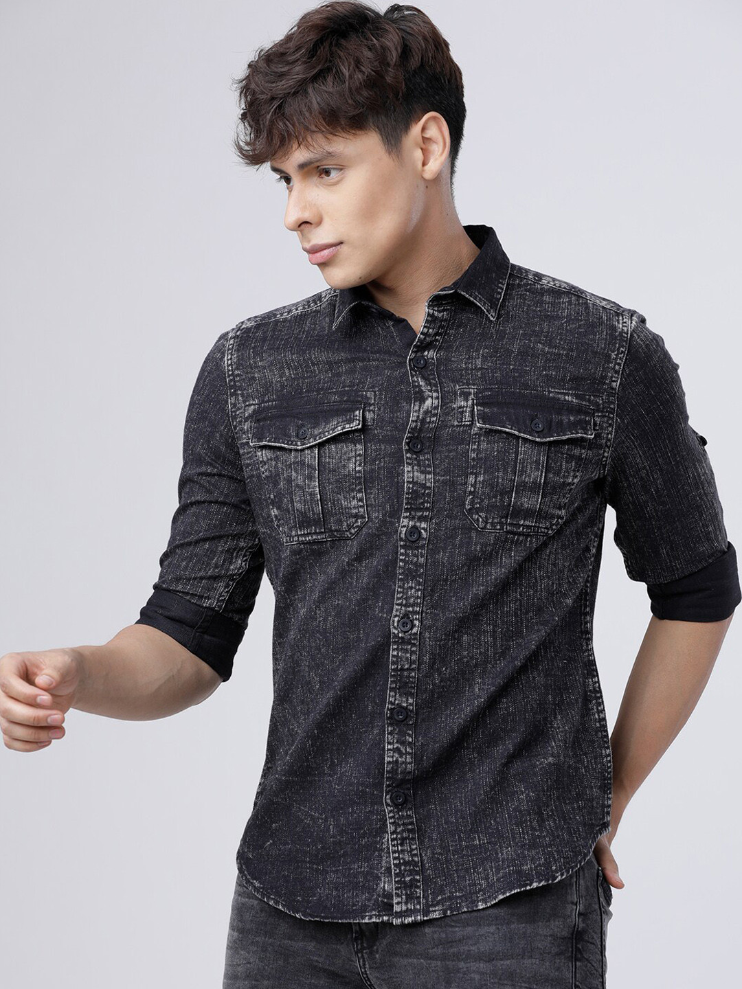 

HIGHLANDER Men Black Slim Fit Faded Casual Shirt