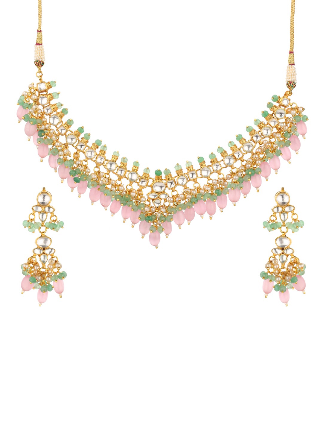 

Runjhun Gold-Plated Pink & Green Kundan-Studded Beaded Handcrafted Jewellery Set