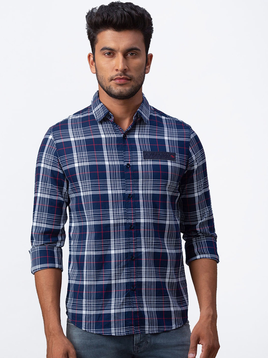

SPYKAR Men Blue & Off-White Slim Fit Checked Casual Shirt