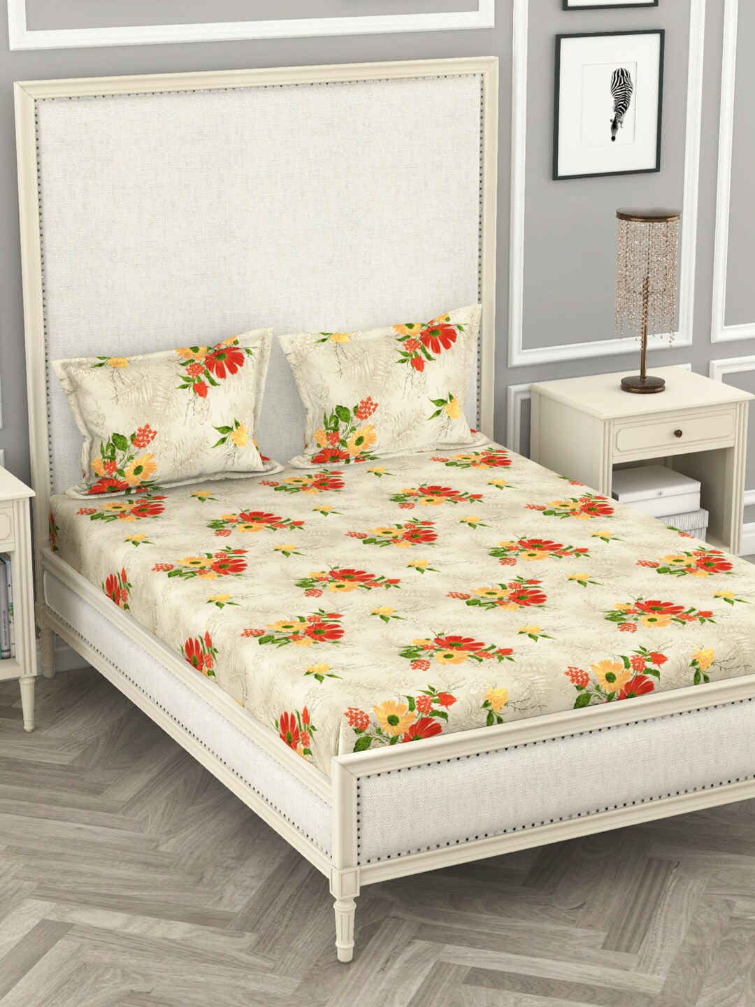 

BIANCA Yellow & Orange Floral 210 TC Polyester 1 King Bedsheet with 2 Pillow Covers
