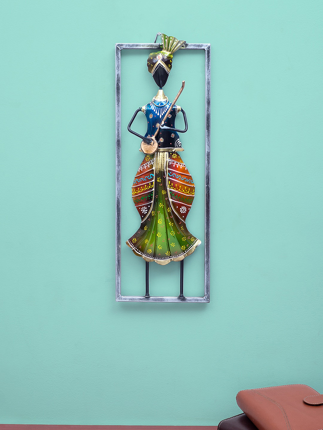 

Golden Peacock Blue & Red Handcrafted Sitar Playing Musician Frame Wall Decor