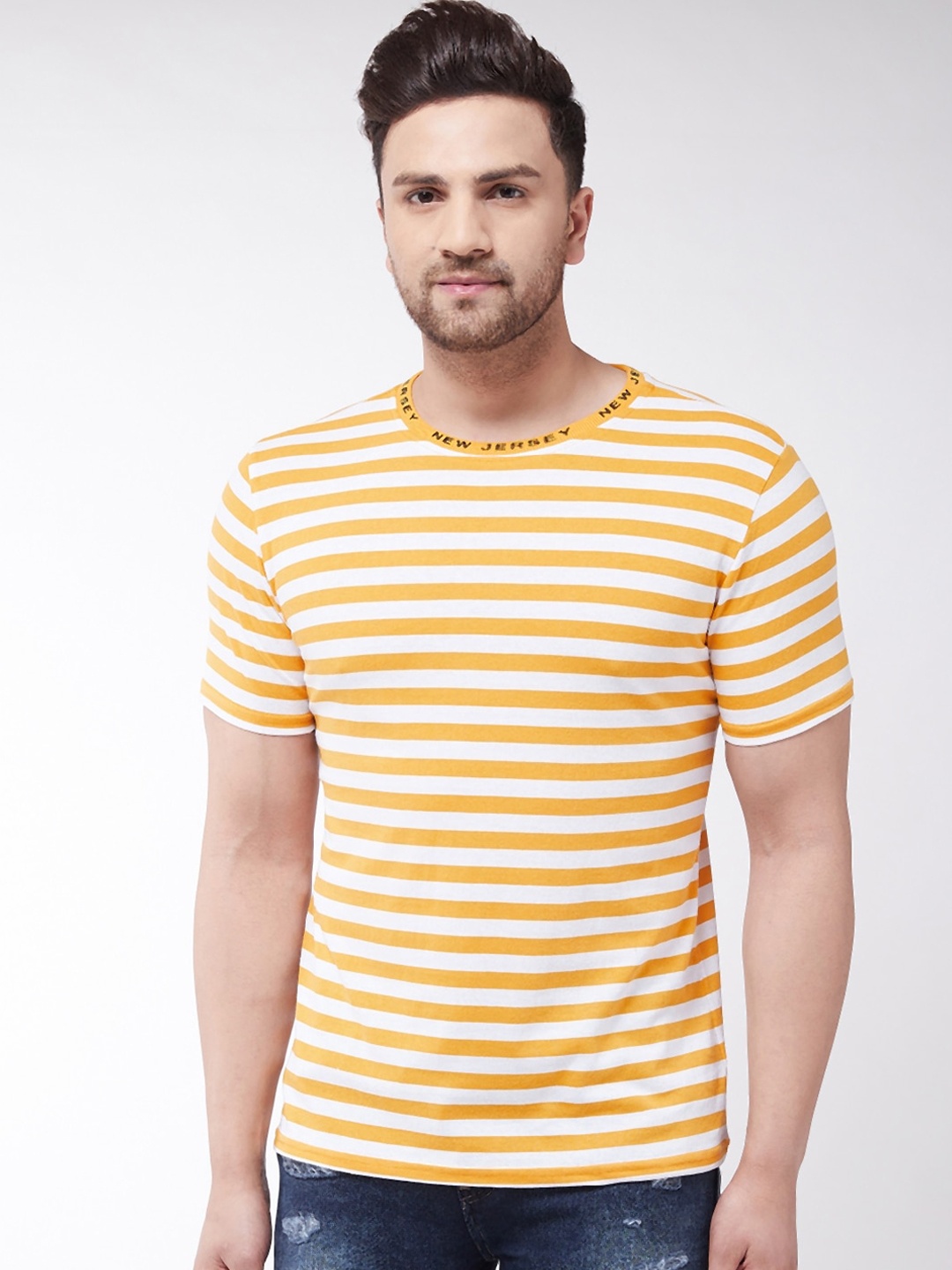 

GRITSTONES Men Yellow Striped Round Neck T-shirt