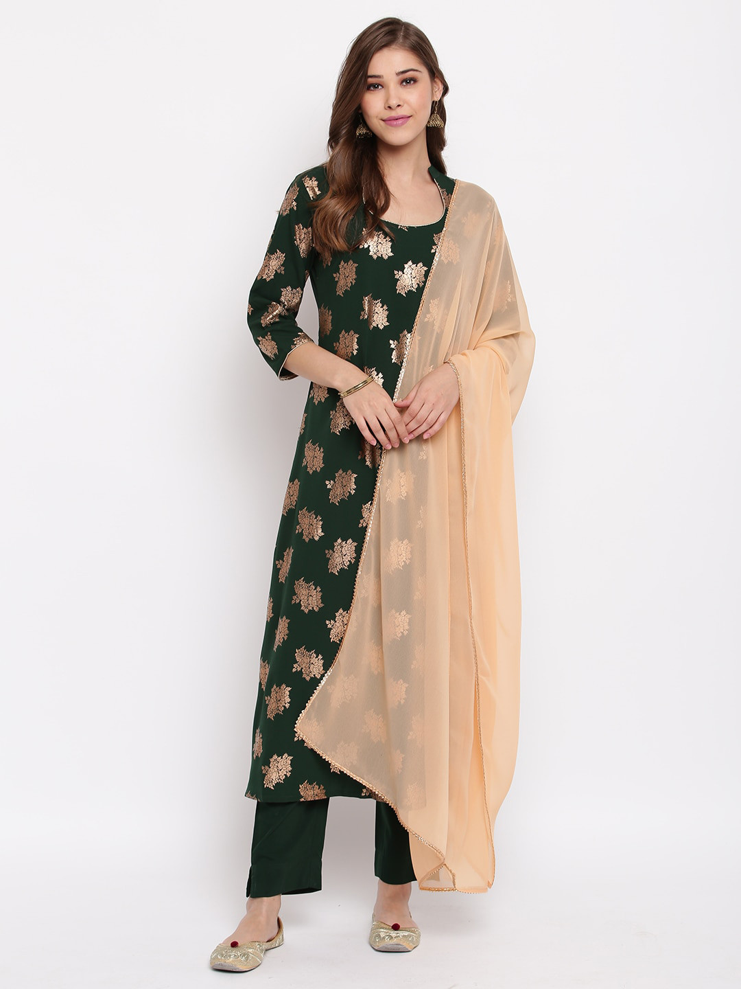 

Janasya Women Green Printed Kurta with Trousers & Dupatta