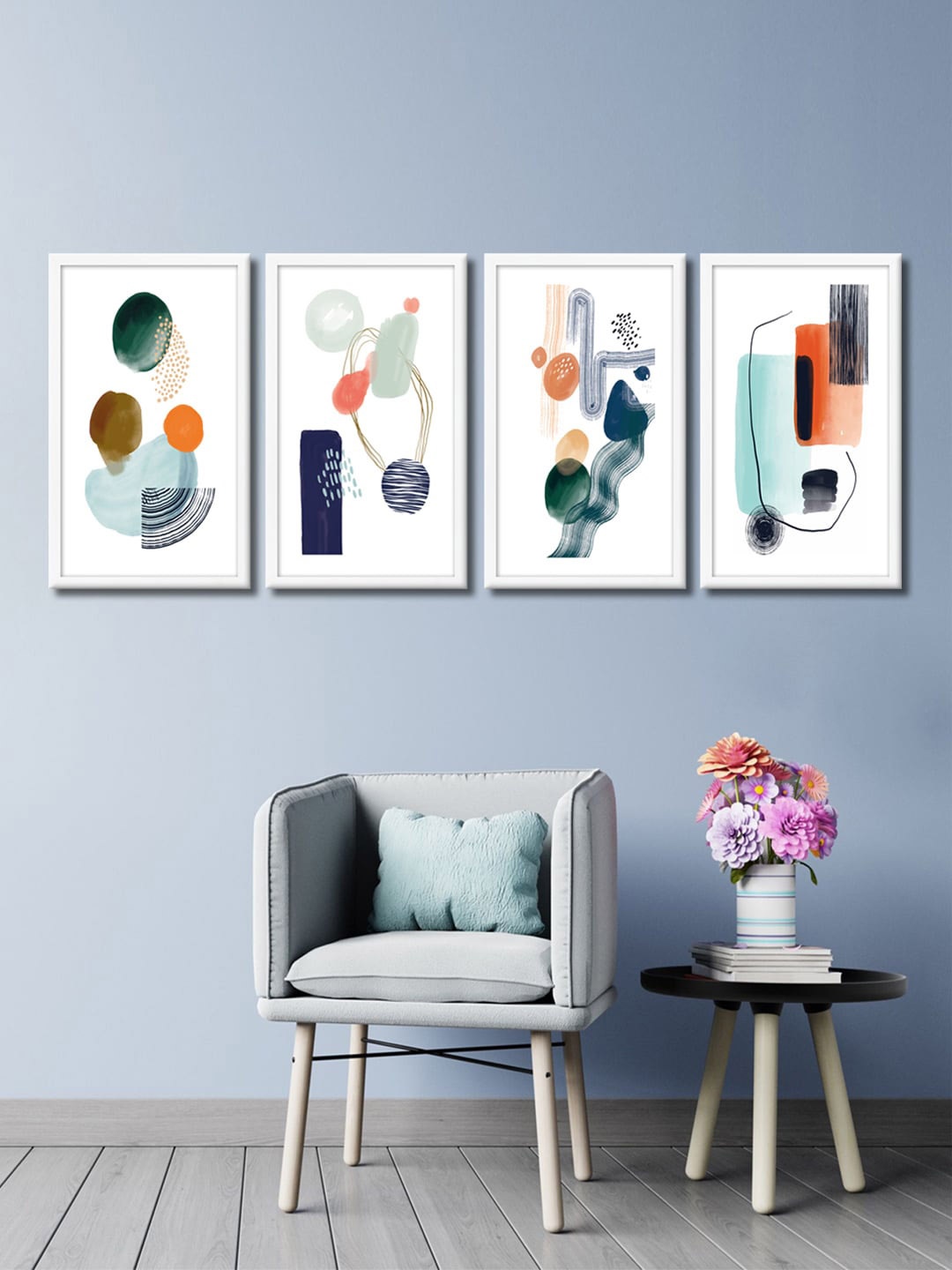 

999Store Set Of 4 Green & Brown Abstract Canvas Framed Wall Art