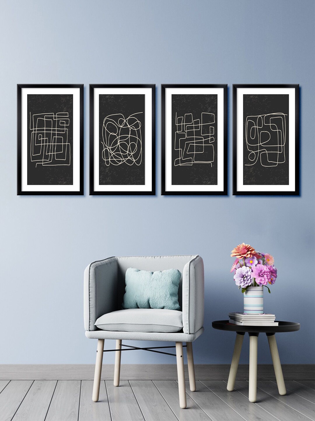 

999Store Set Of 4 Black & White Abstract Lines Canvas Framed Wall Paintings