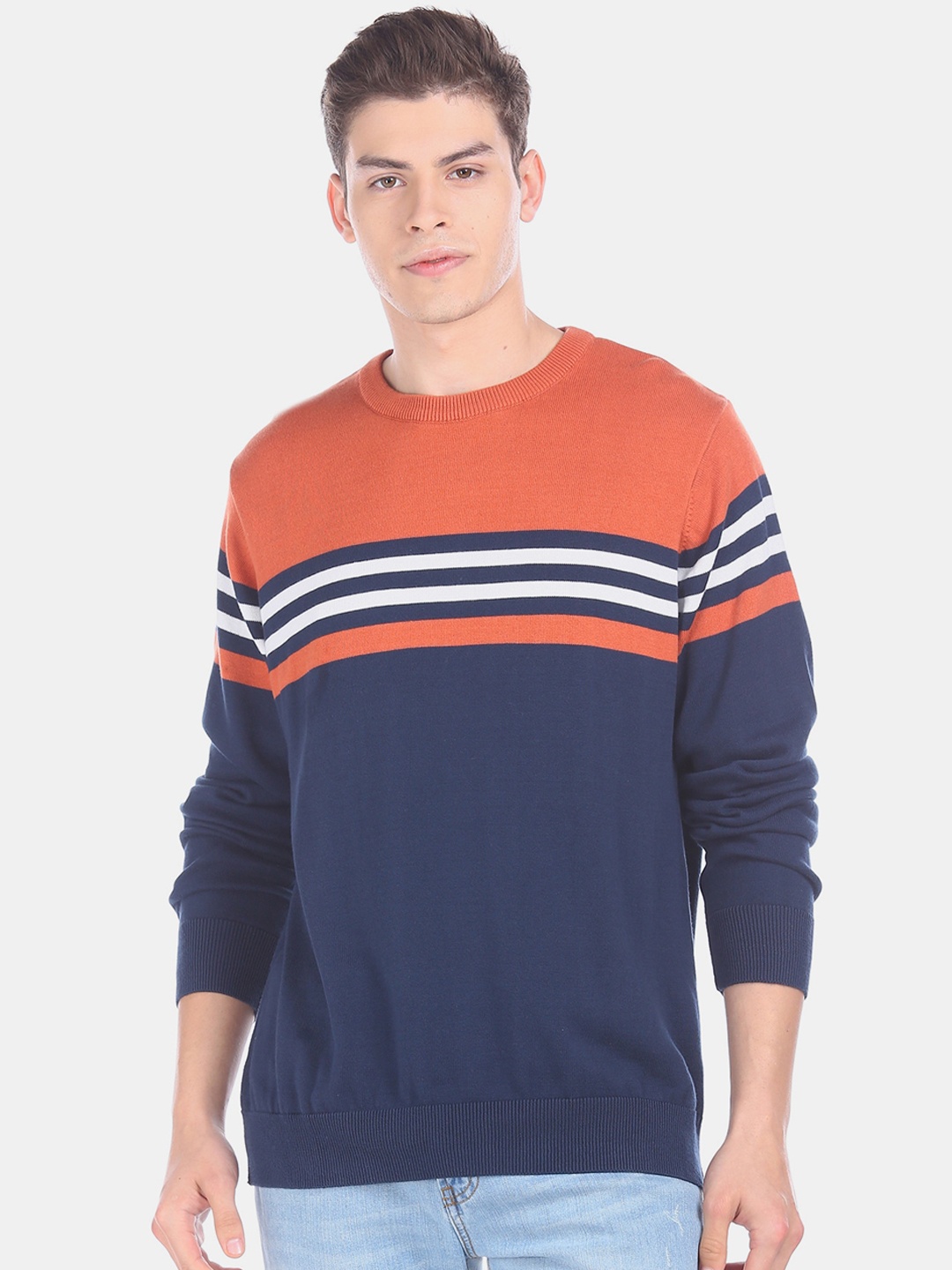 

Ruggers Men Rust Colourblocked Pullover Sweater, Navy blue