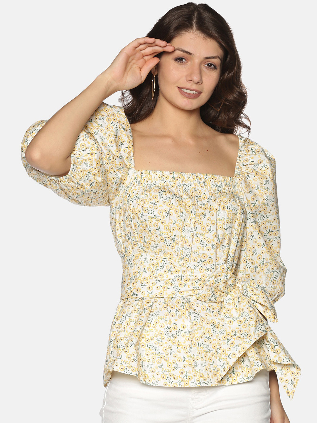 

Isu yellow Floral Printed Puff Sleeves Regular Top