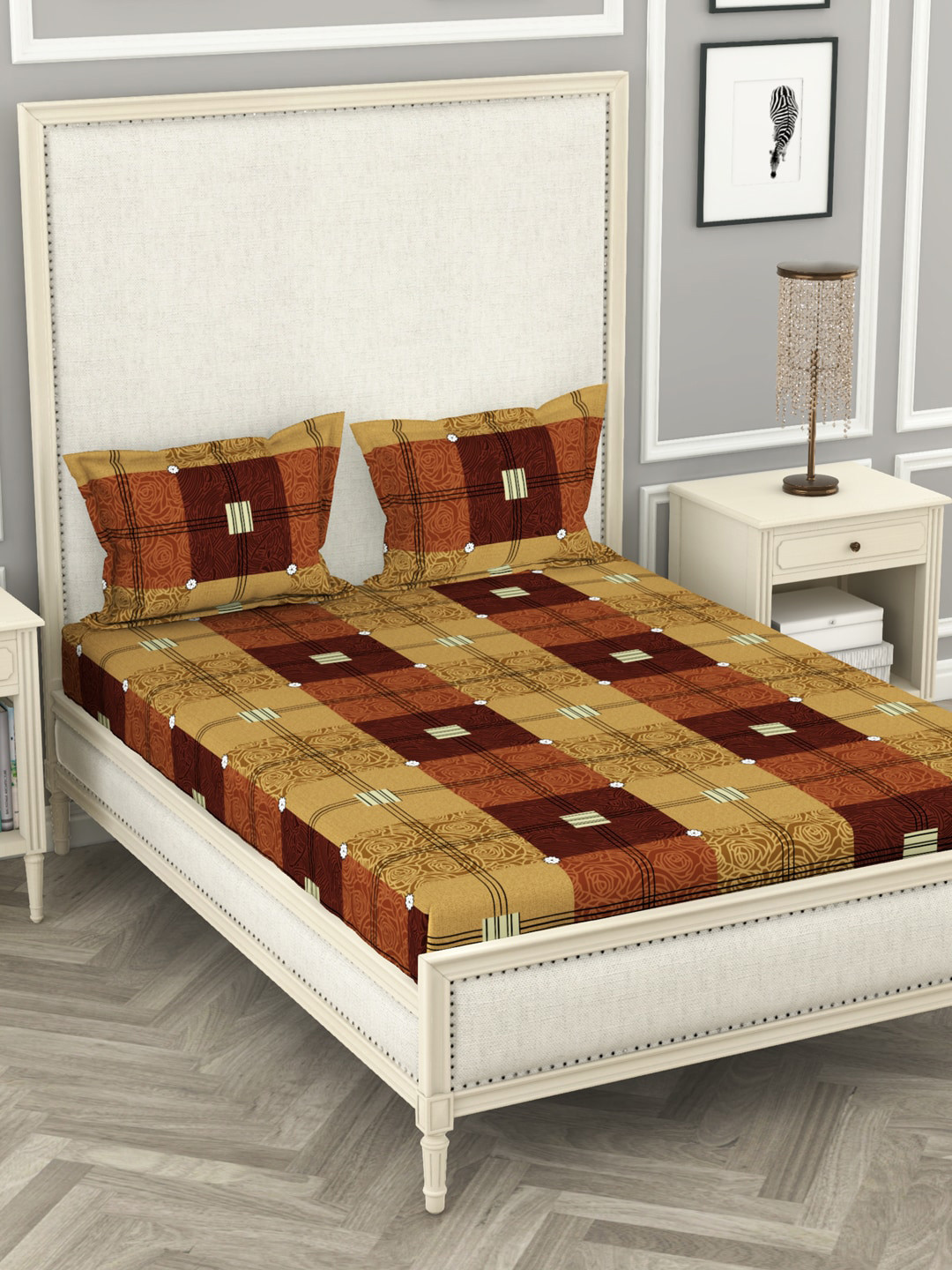 

BIANCA Orange & Khaki Geometric 210 TC Polyester 1 King Bedsheet with 2 Pillow Covers