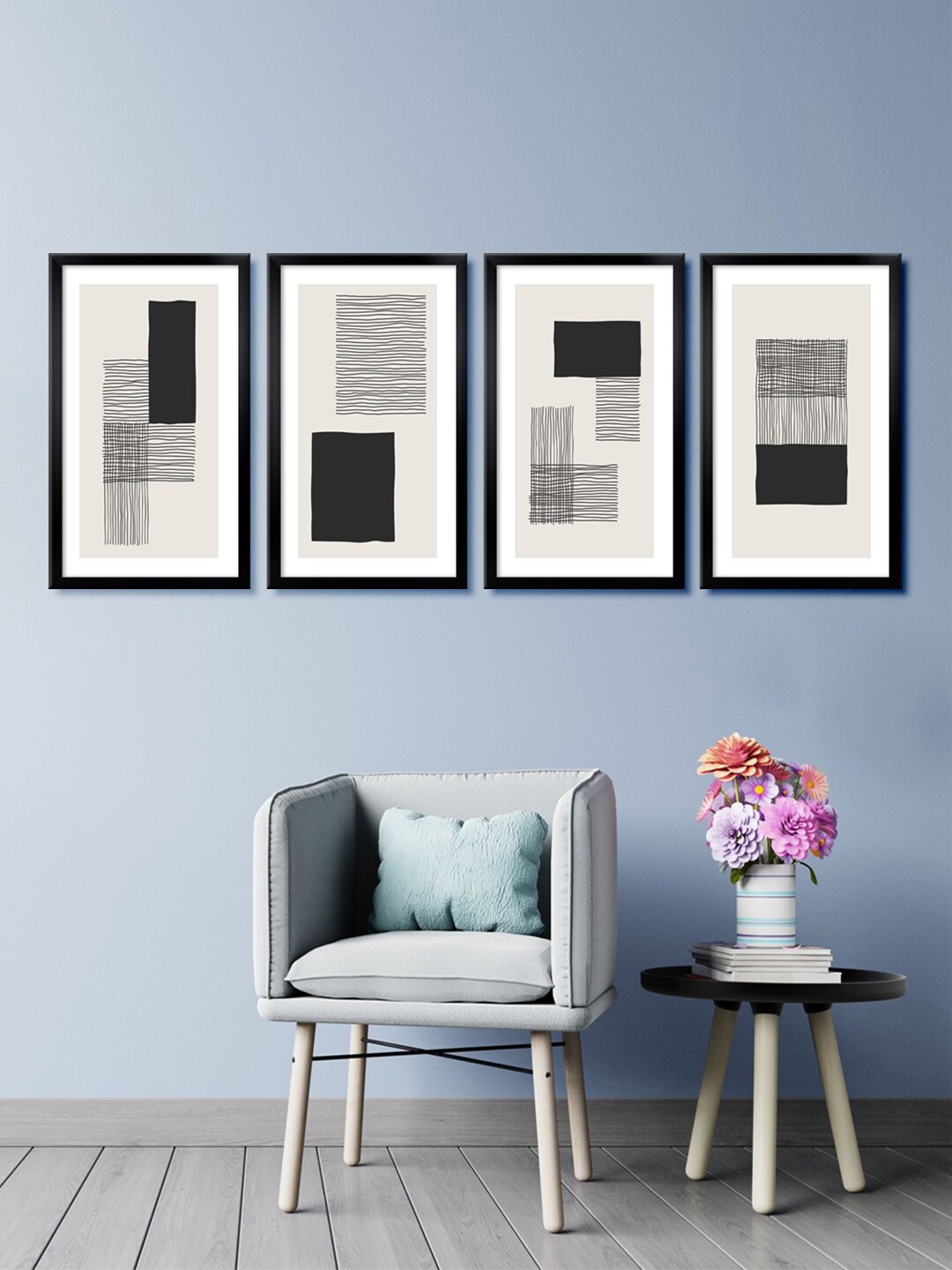 

999Store Set Of 4 Cream-Coloured & Black Abstract Canvas Framed Wall Art