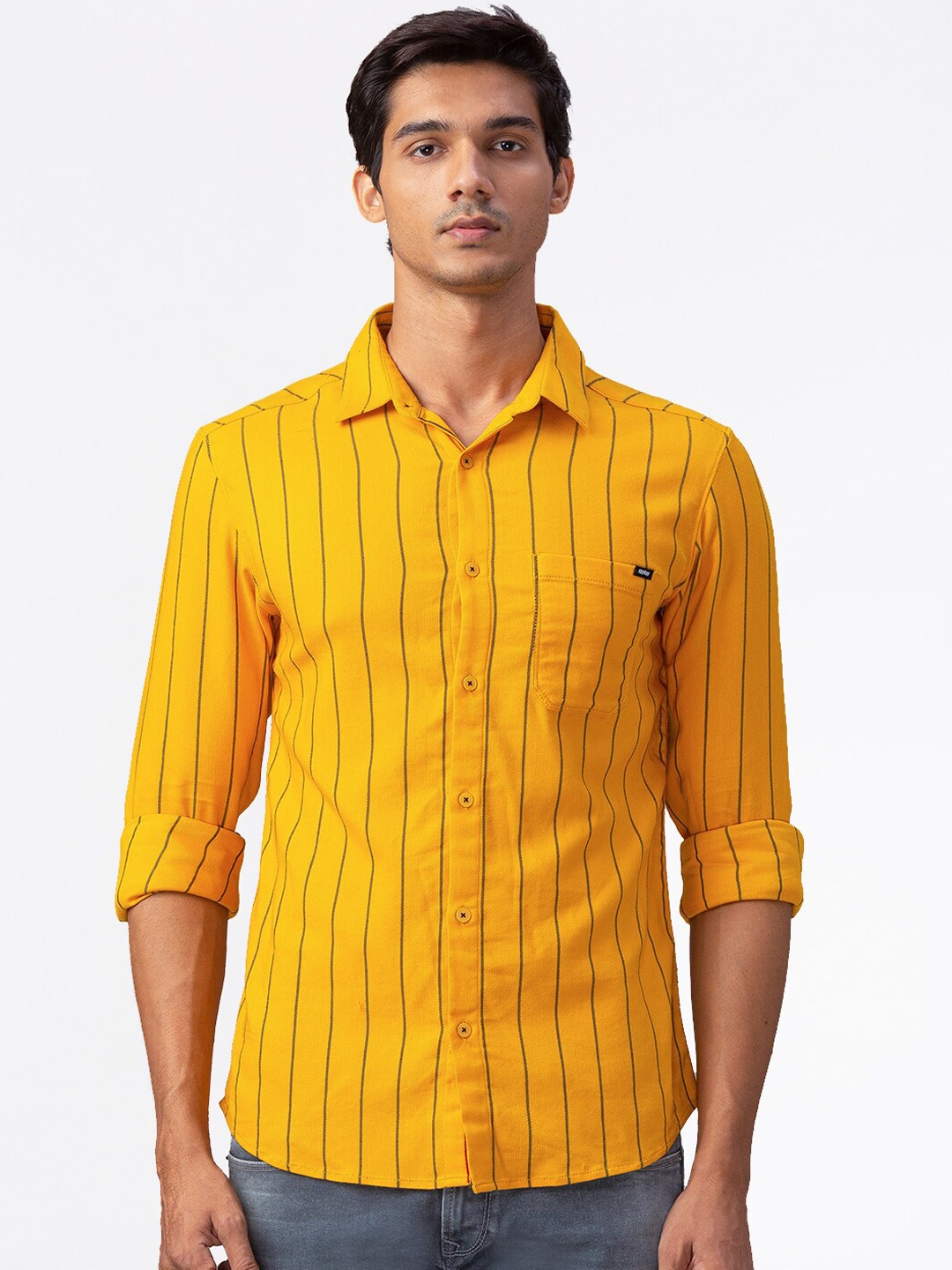 

SPYKAR Men Yellow Slim Fit Striped Casual Shirt