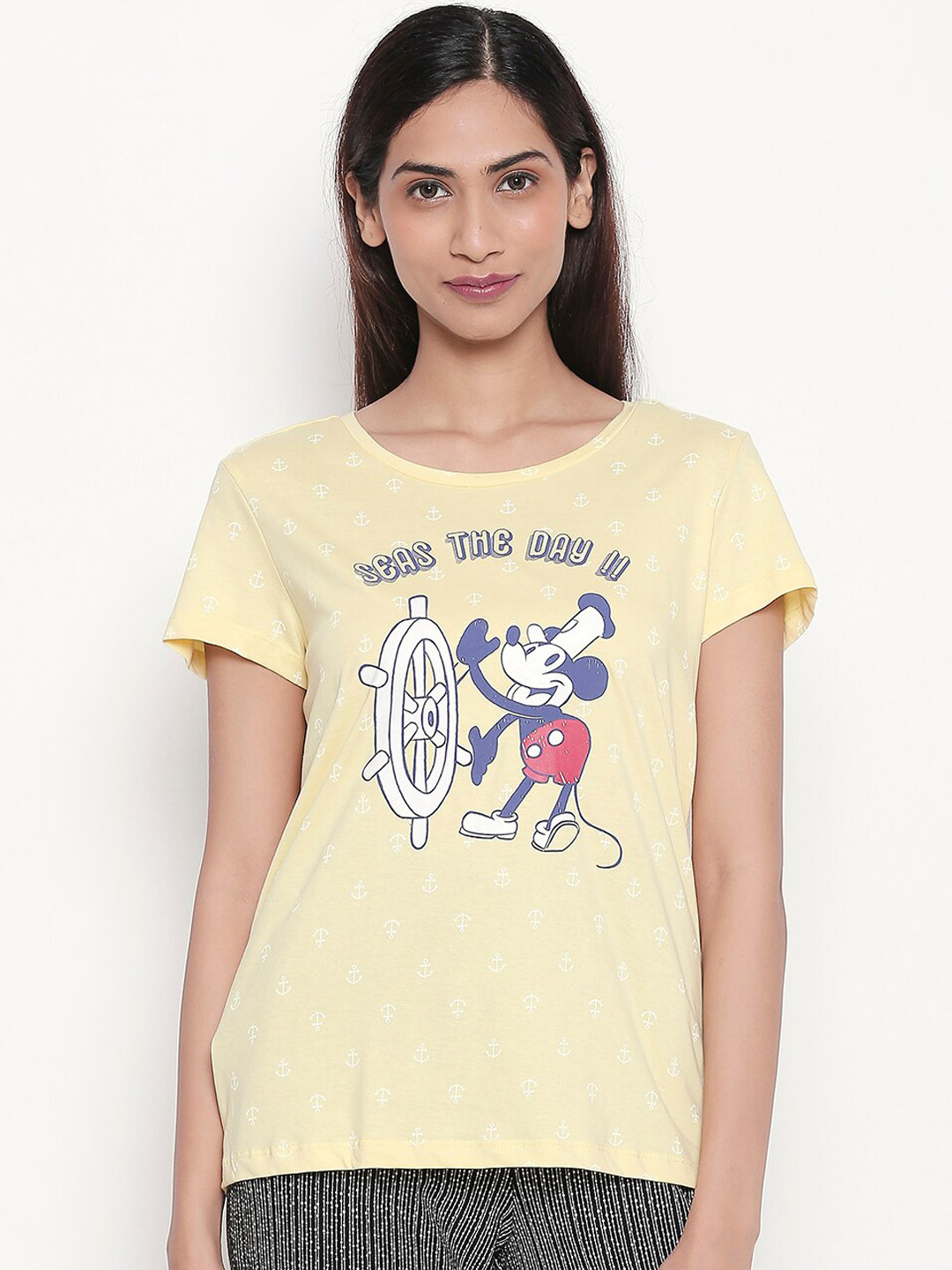

Dreamz by Pantaloons Women Yellow & White Mickey Mouse Printed Lounge T-shirt 890517202756