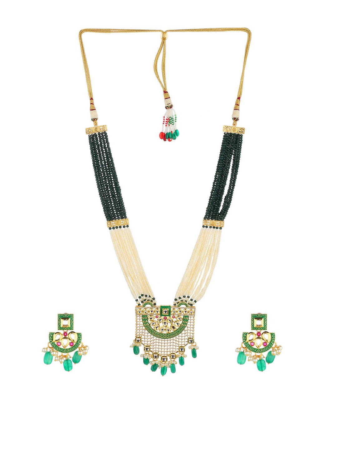 

Runjhun Gold-Plated Green & Off-White Kundan-Studded Beaded Meenakari Handcrafted Jewellery Set