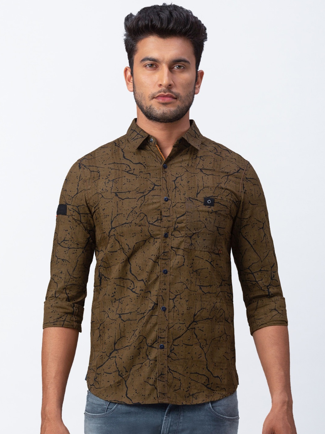 

SPYKAR Men Olive Brown Slim Fit Printed Casual Shirt