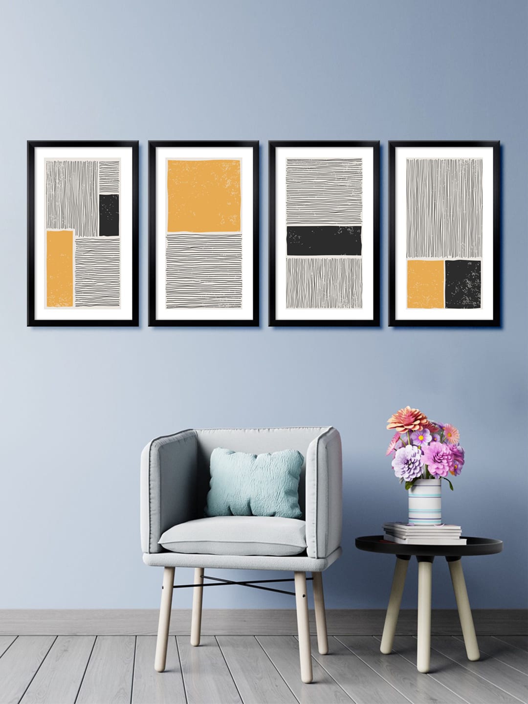 

999Store Set Of 4 Black & Yellow Geometric Canvas Wall Paintings