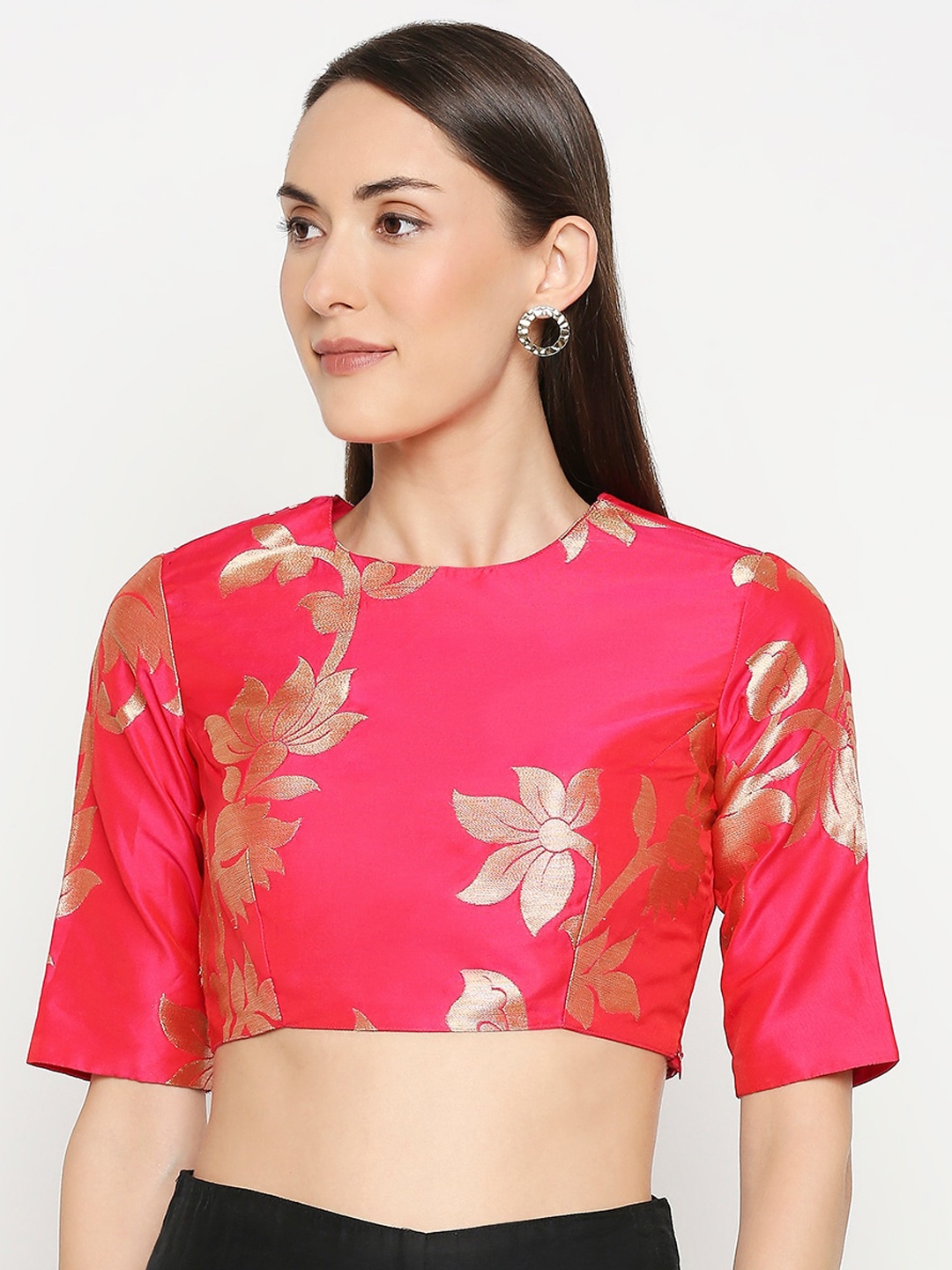 

Desi Weavess Women Pink & Gold-Coloured Woven-Design Saree Blouse