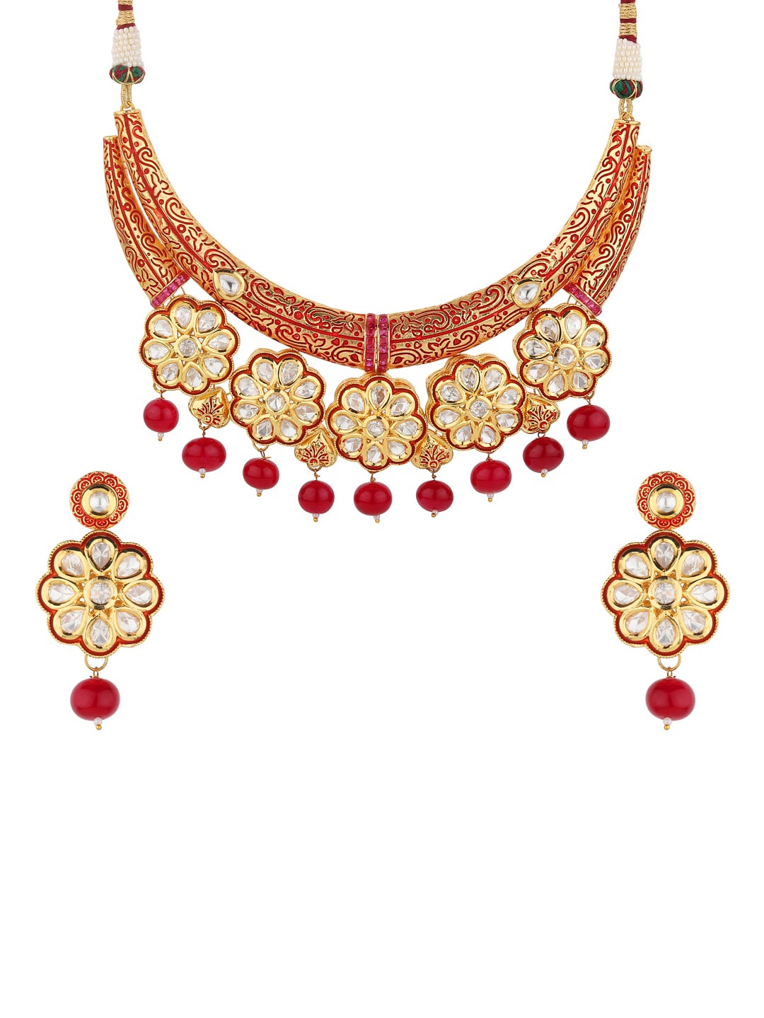 

Runjhun Gold-Plated Red & White Kundan-Studded Onyx Beaded Enamelled Handcrafted Jewellery Set