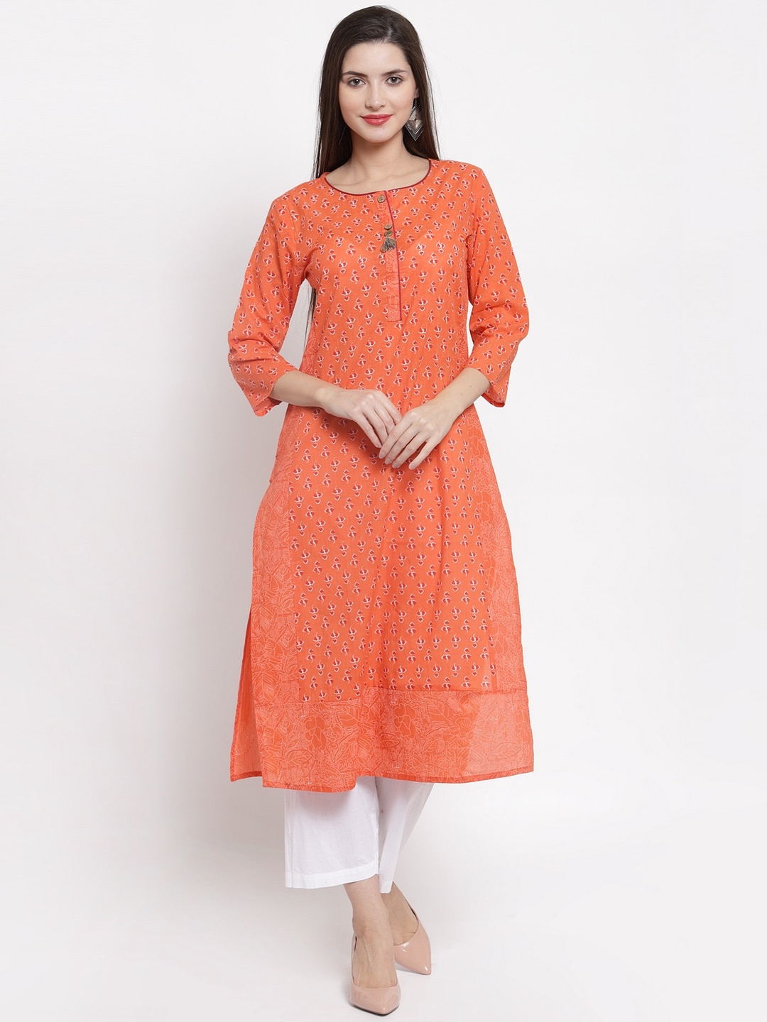 The Kurta Express Women Orange Geometric Checked Kurta