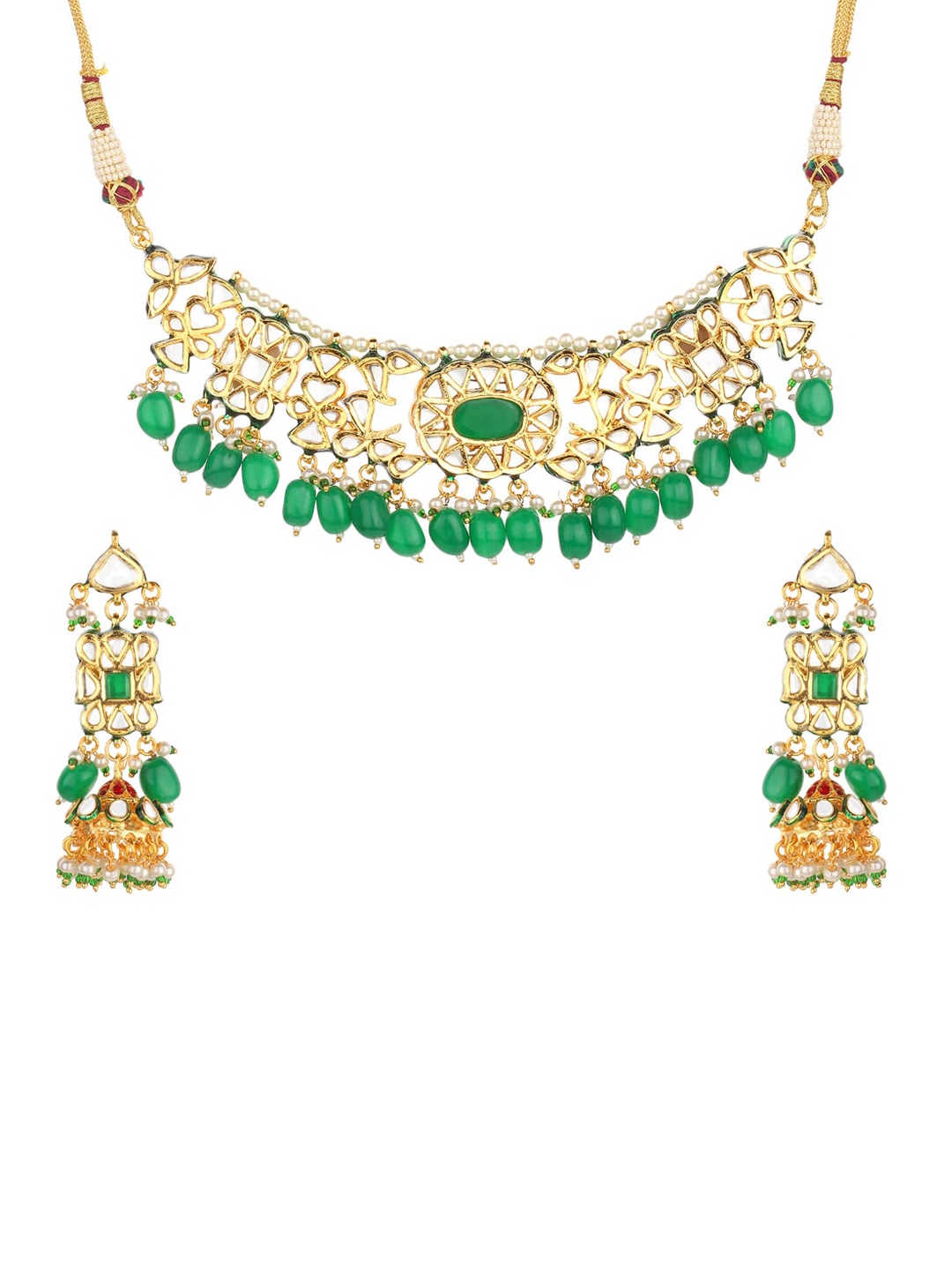 

Runjhun Gold-Plated Green & White Kundan-Studded & Beaded Jadau Jewellery Set