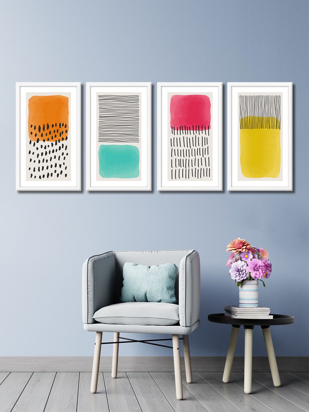 

999Store Set of 4 White & Black Abstract Line Canvas Framed Wall Paintings