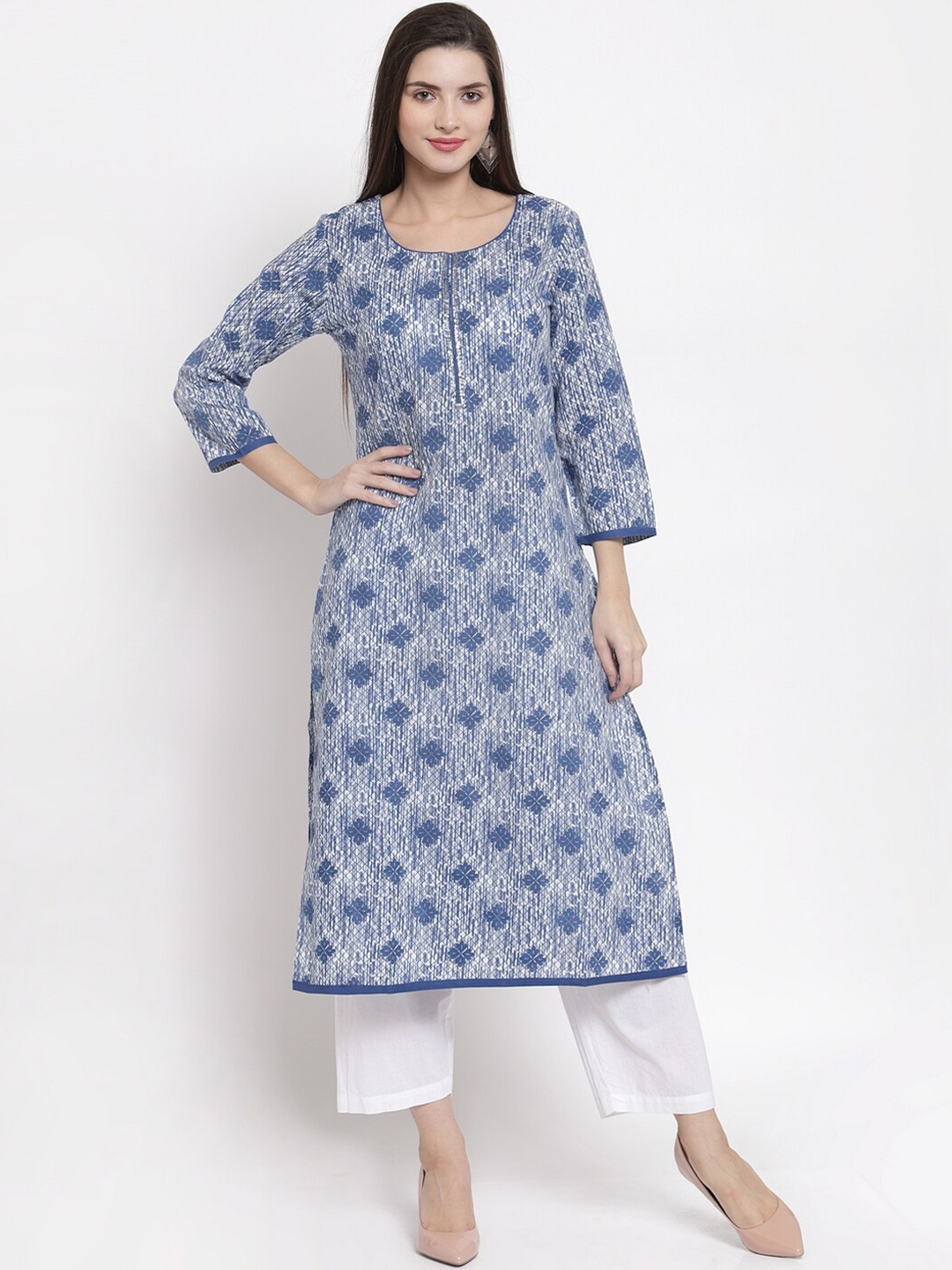 

The Kurta Express Women Blue & Off White Ethnic Motifs Printed Kurta