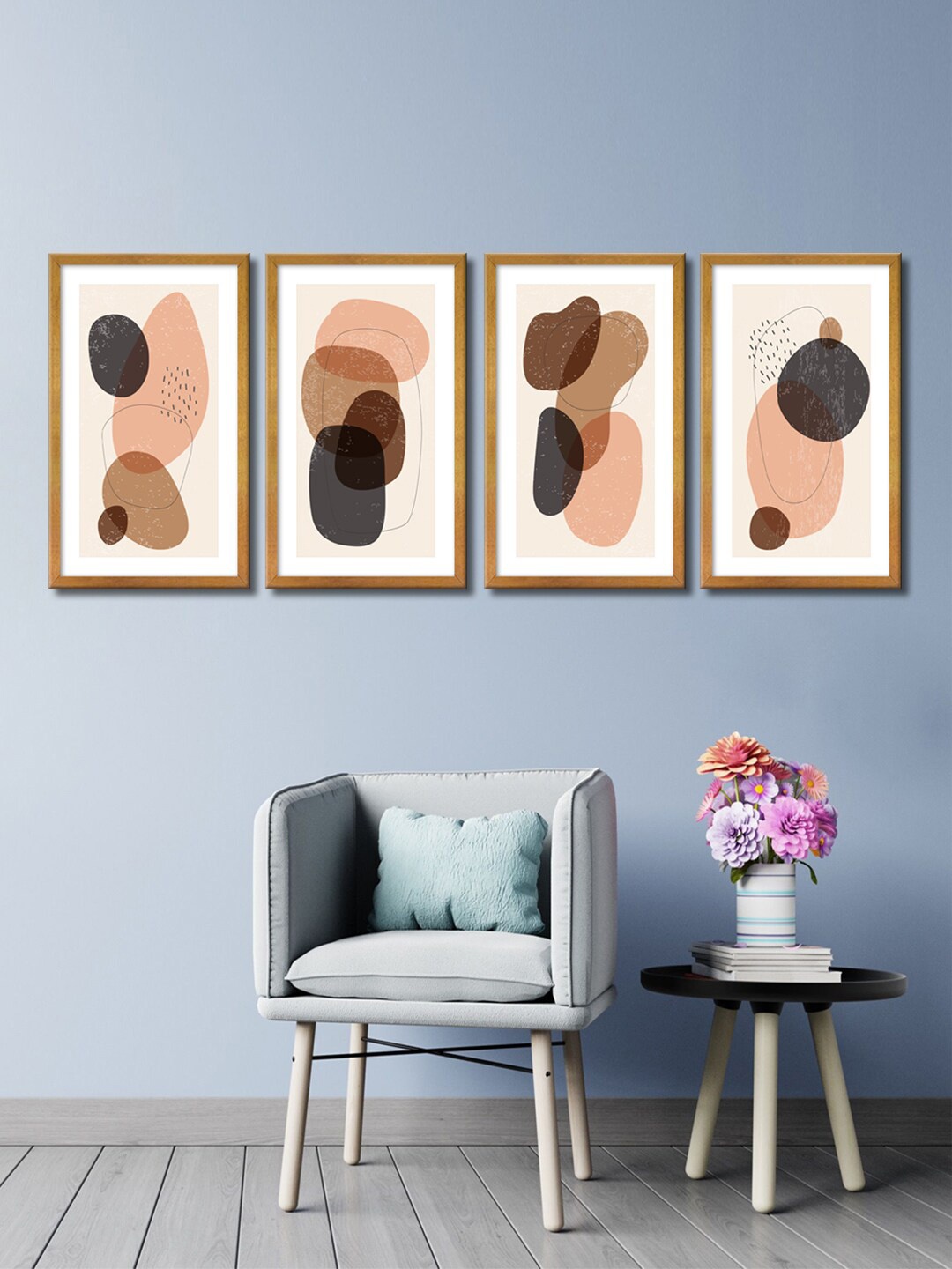 

999Store Set Of 4 Brown & Peach-Colour Abstract Stone Painted Wall Art