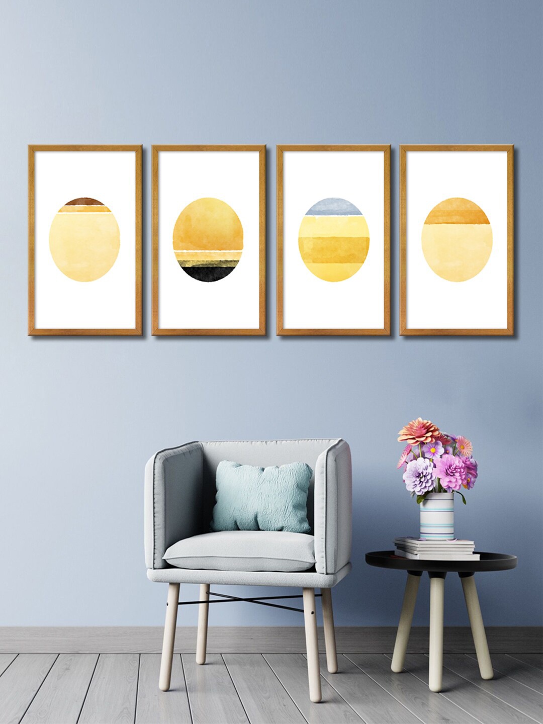 

999Store Set Of 4 Yellow & Brown Abstract Framed Wall Art