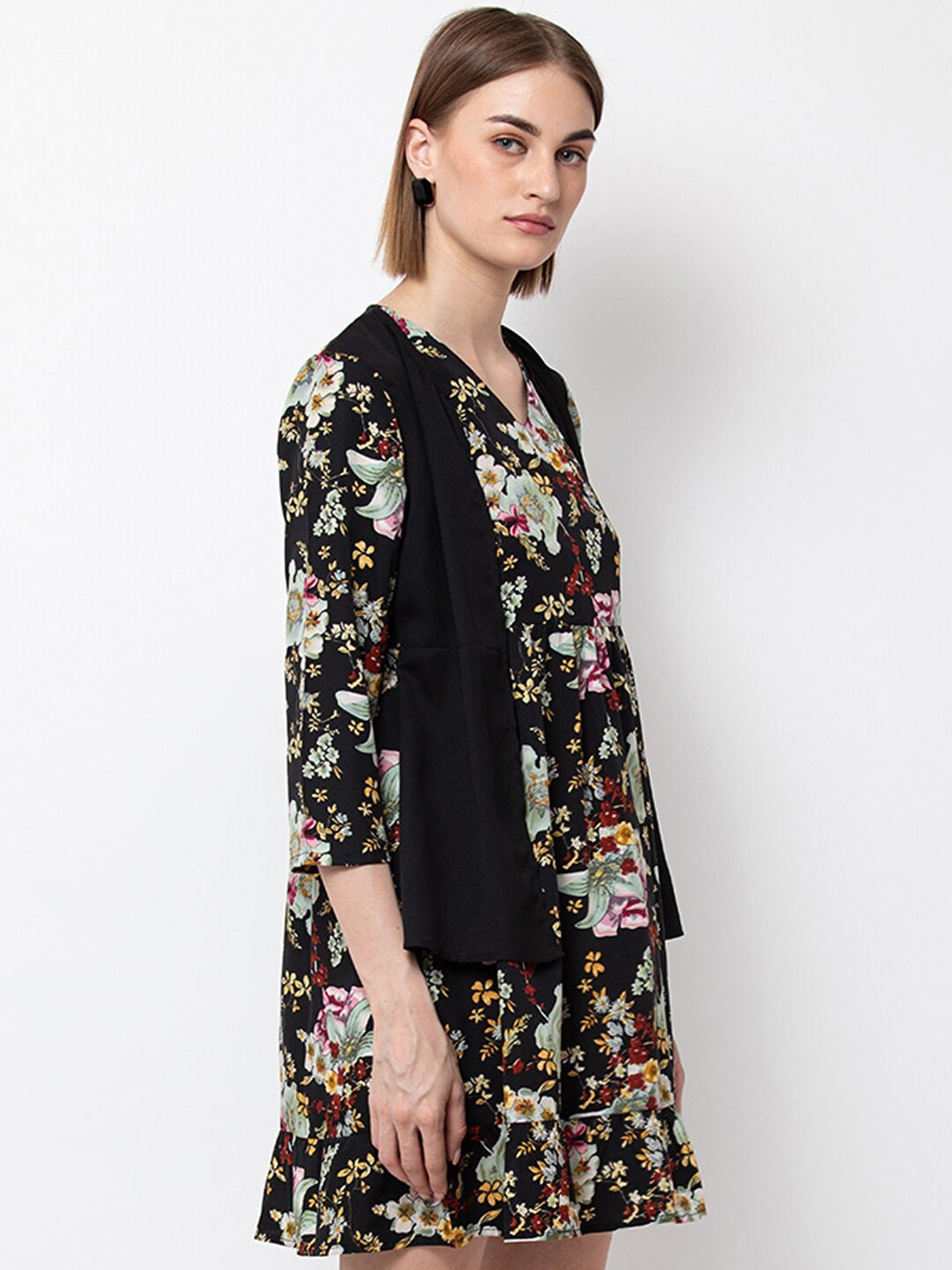 

DODO & MOA Women Black & Green Floral Printed A-Line Dress