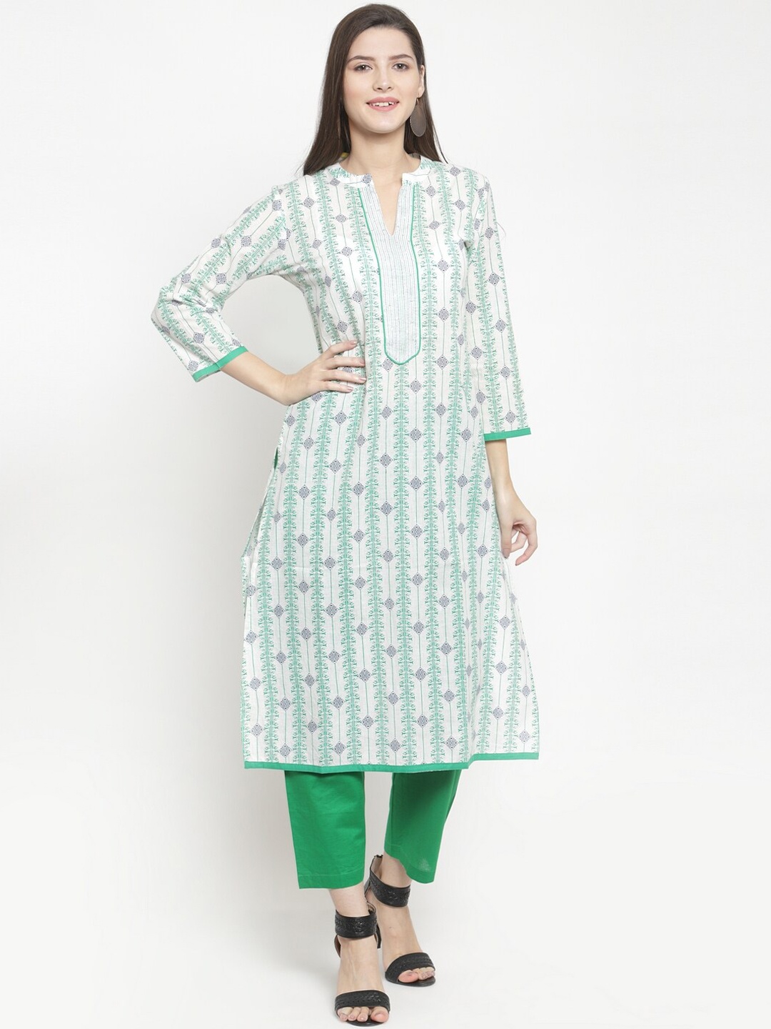 The Kurta Express Women Green & Cream Coloured Printed Kurta