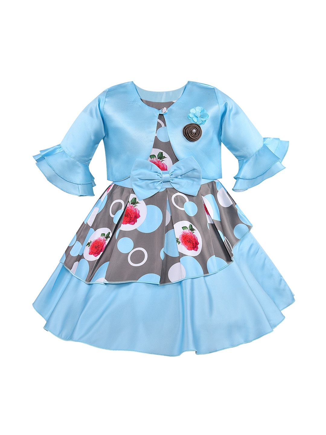 Wish Karo Girls Blue Printed Fit and Flare Dress