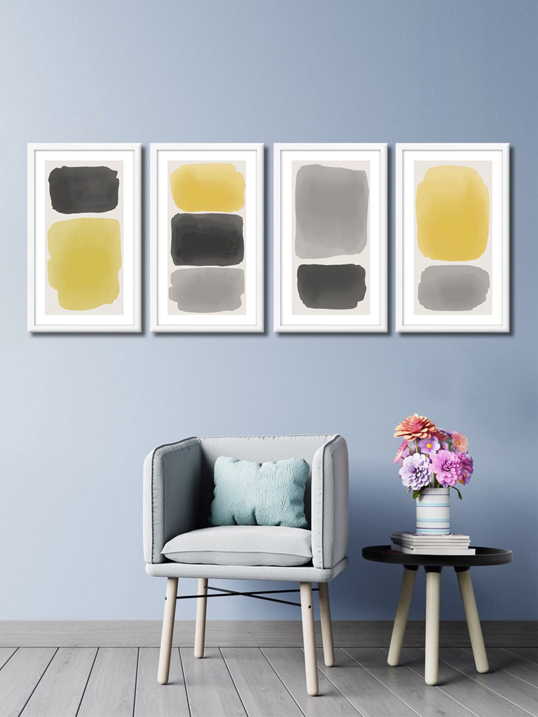 

999Store Set Of 4 Yellow & Black Abstract Painted Wall Art