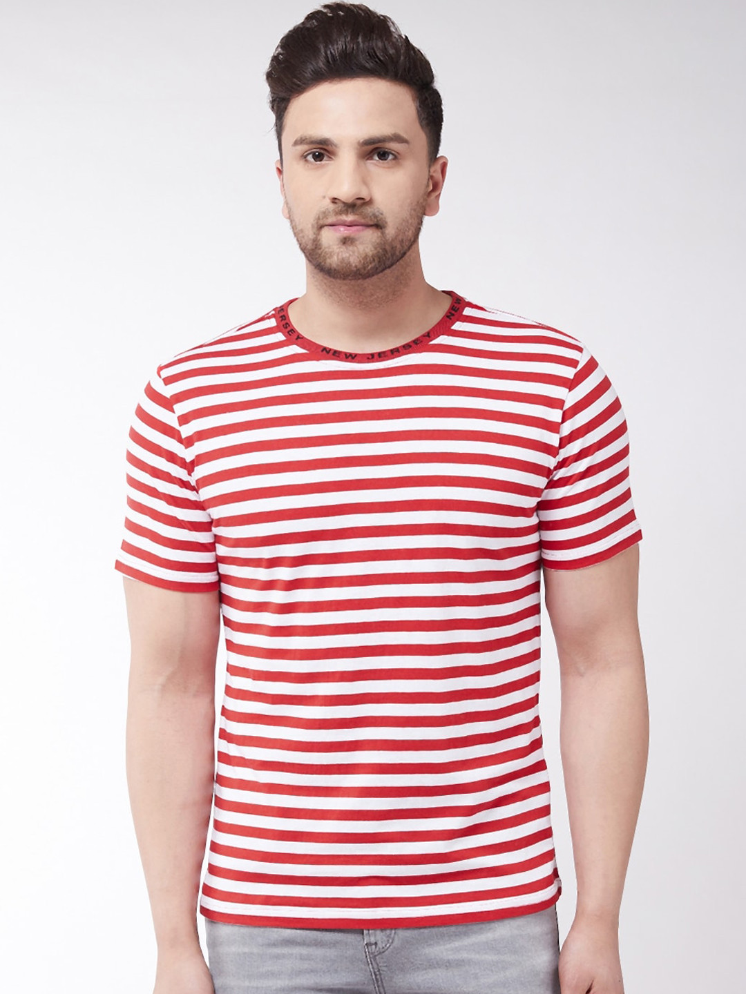 

GRITSTONES Men White Striped Round Neck T-shirt
