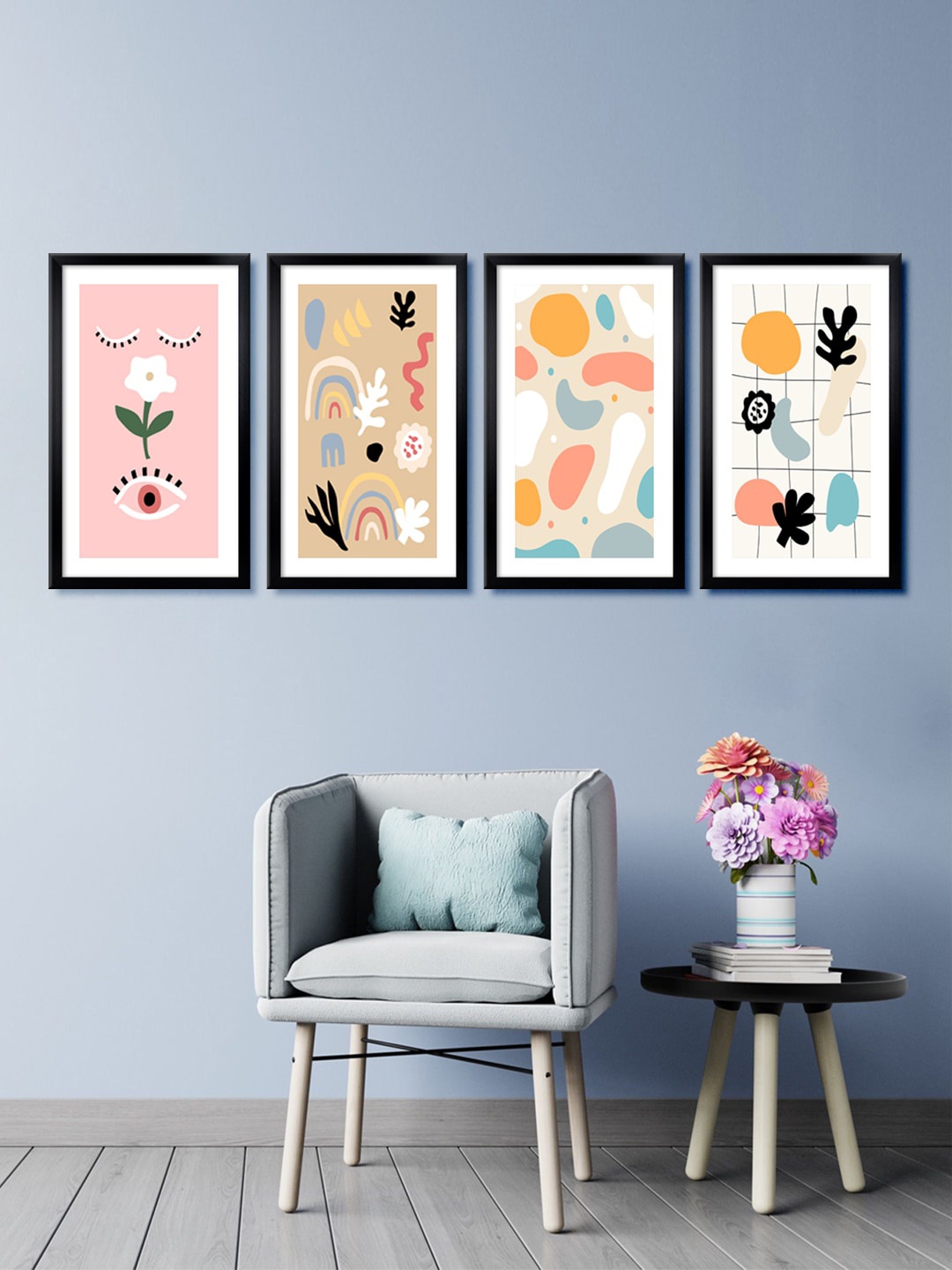 

999Store Set Of 4 Pink & White Flowers And Leaves Canvas Framed Wall Art