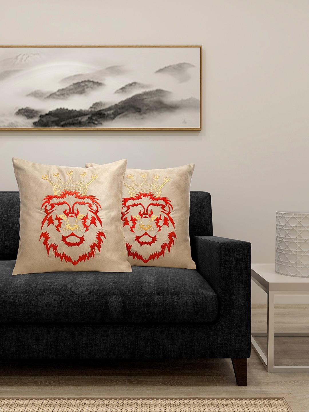 DECOREALM Beige & Red Set of 2 Embroidered Square Cushion Covers