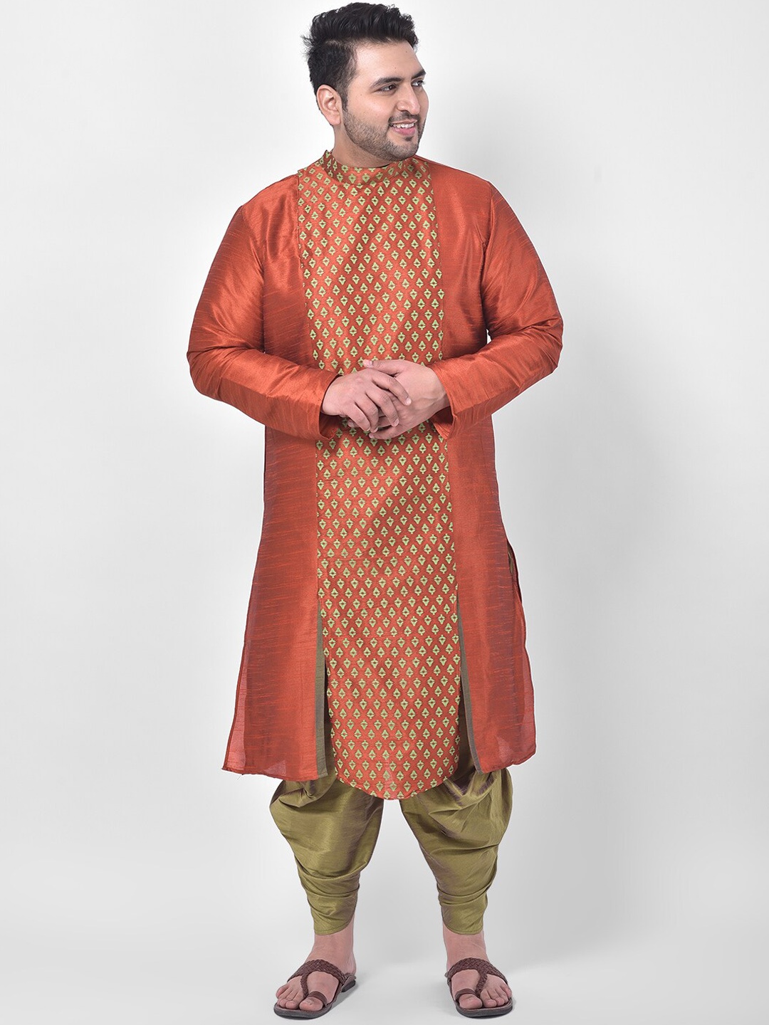 Deyann Plus Men Orange & Green Ethnic Motifs Printed Kurta
