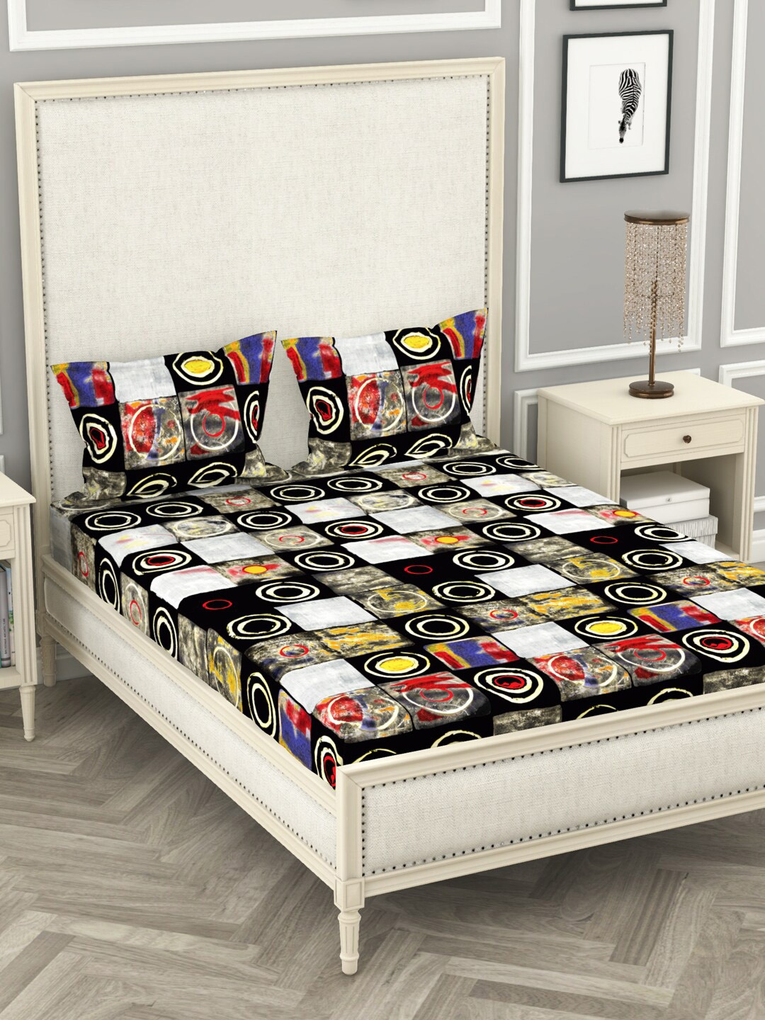 

BIANCA Black Abstract 210 TC Polyester 1 King Bedsheet with 2 Pillow Covers